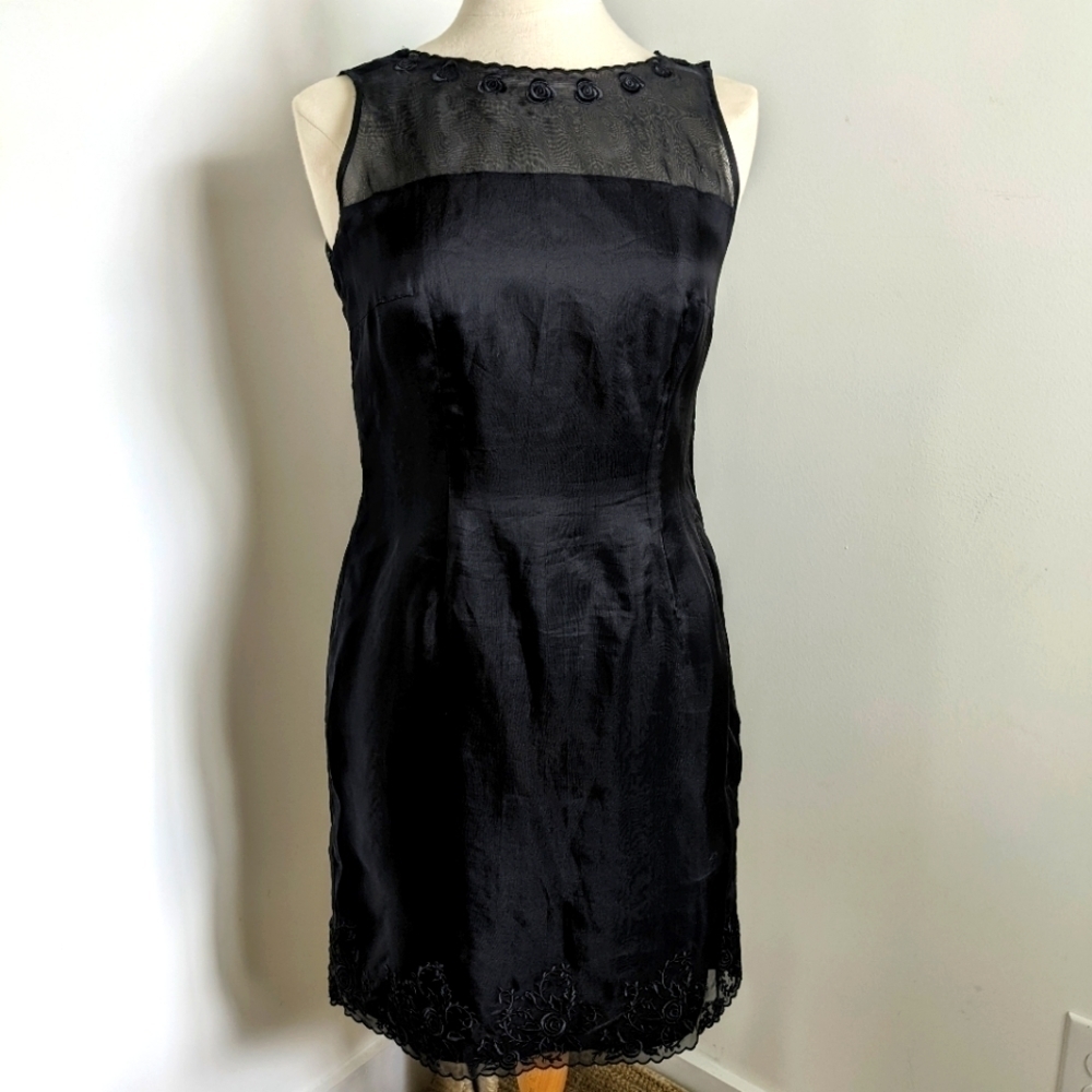 VINTAGE Laura Ashley Black Silk Sheer Dress Embroidered 8 LBD Wednesday